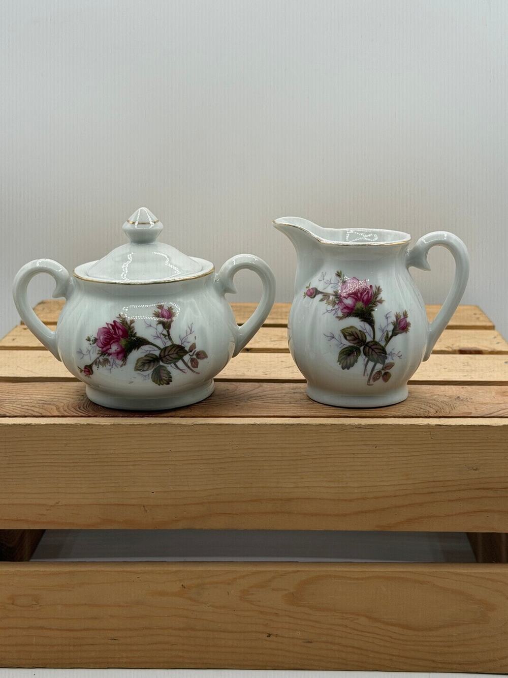 Vintage Pink Rose Porcelain Sugar Bowl and Creamer Pitcher Set with Gold Trim